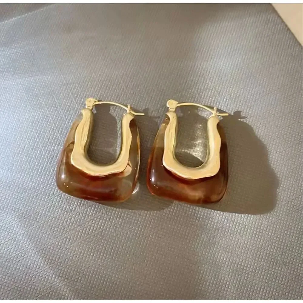 Brown Resin Gold Tone Geometric Hoop Earrings Statement Retro Modern Chic